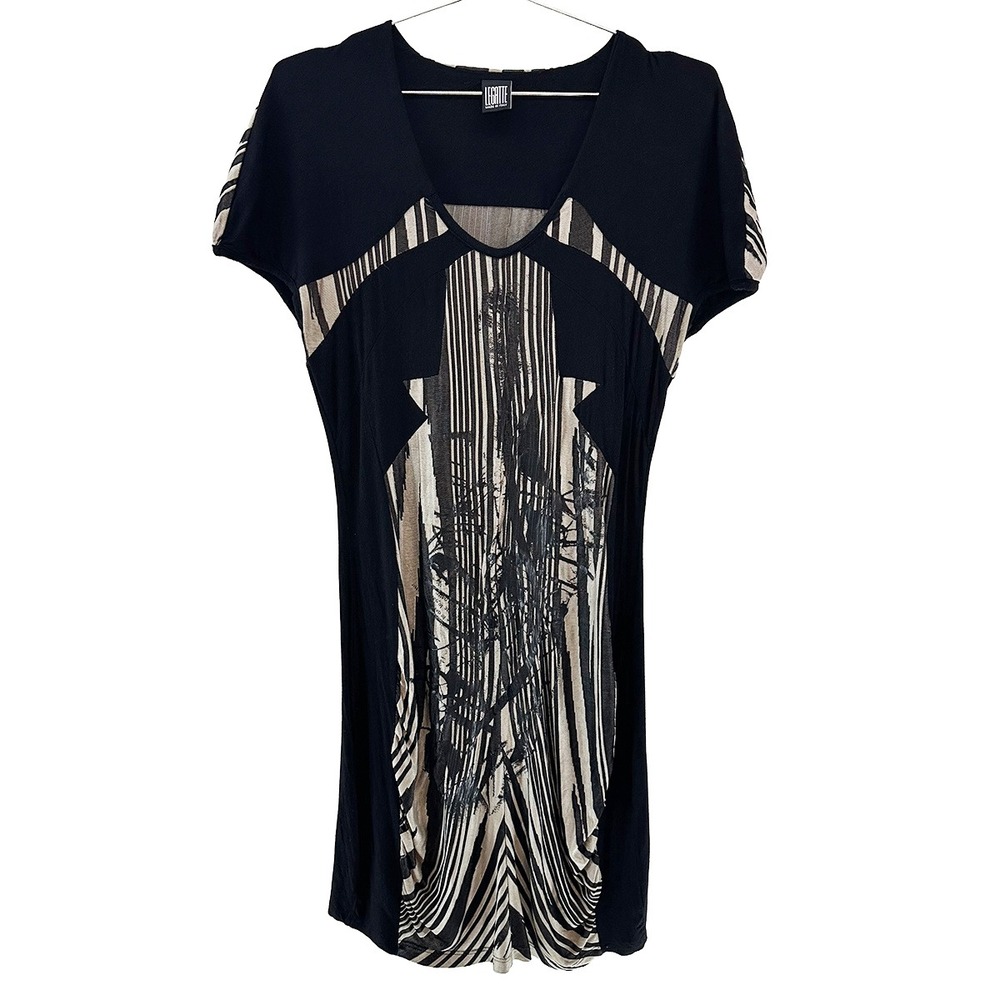 LEGATTE‎ Vintage Designer Y2K Abstract Jersey Midi Dress • 14 • black, beige